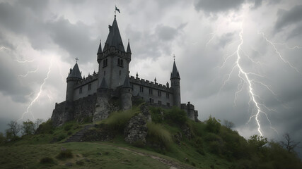 Fototapeta premium Dark Castle Under Stormy Sky with Lightning Effects