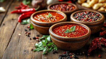 Fototapeta premium traditional Sichuan hot pot filled with a rich assortment of meats, vegetables, and spices, presented on a rustic wooden table. The bold colors and steam evoke warmth, culture, and culinary heritage
