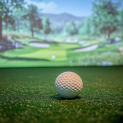 A golf ball is placed on a green grassy field, with a golf course in the background. The ball is the main focus of the image, and it is a white ball