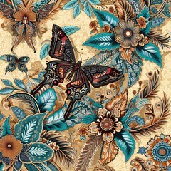 batik & songket art pattern with flowers and butterfly