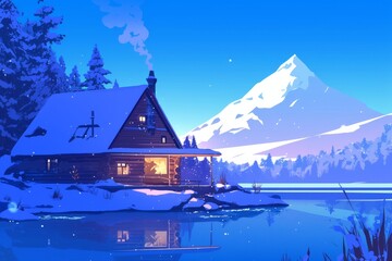 Fototapeta premium Peaceful Lakeside Cabin with Smoke Rising from the Chimney and Snow Gently Falling, Generative AI
