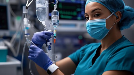 Dedicated Healthcare Professional: A focused female nurse wearing a surgical mask and gloves prepares an IV drip in a hospital operating room.