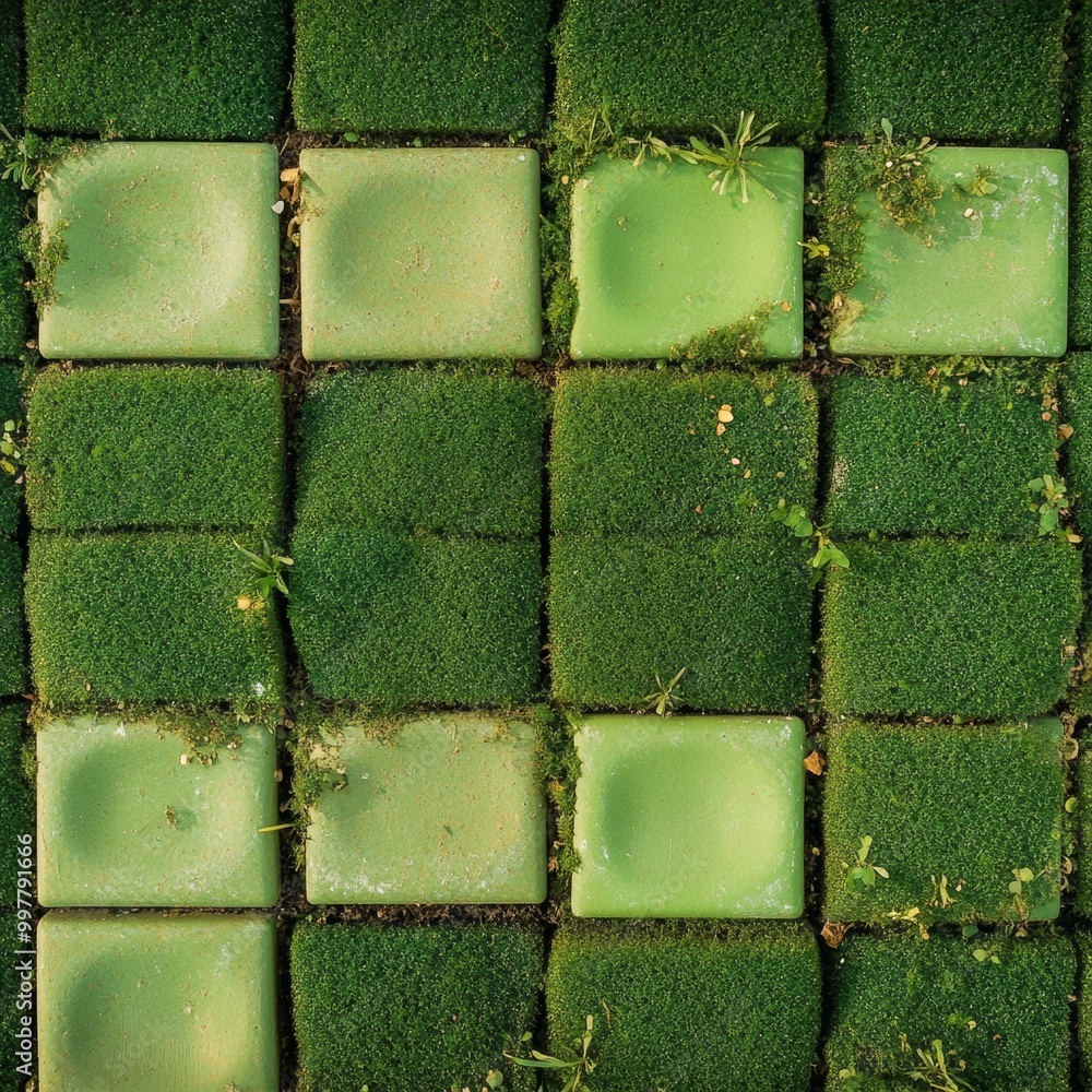 Aufkleber aerial view of symmetrical pattern of green cleaning sponges - monochromatic geometric design with b