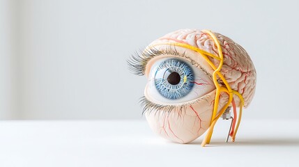 Professional photo of a detailed human eye model with surrounding anatomy, copy space for text, high-end magazine photography, deep depth of field, Product photography with high resolution, studio