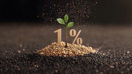 Amidst rich gold granules, a green plant emerges symbolizing growth, highlighting a 1% interest rate. The background is dark, enhancing contrast and focus. Falling Interest Rate Concept