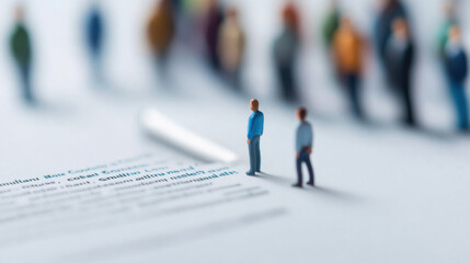 Silhouettes of a group of miniature people standing in line, with a team leader at the front, symbolizing teamwork and business success