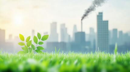 Green cityscape silhouette  with fog-shrouded  and pollution smoke skyscrapers 