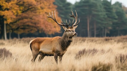 Majestic Red Deer Buck in Autumnal Forest