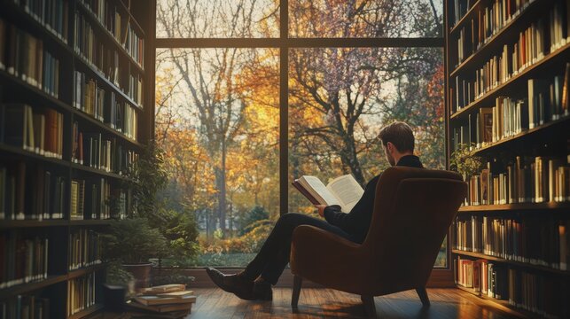 A man sits comfortably in an armchair, engrossed in a book while surrounded by towering bookshelves - Powered by Adobe