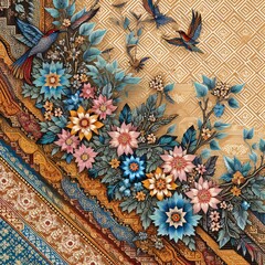creative batik & songket traditional art wtih flowers and birds