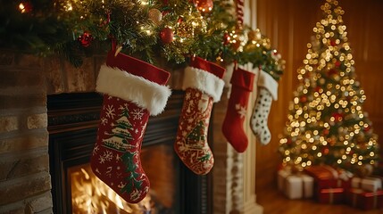 A peaceful Christmas Eve scene with kids quietly hanging stockings on a fireplace adorned with twinkling lights and festive garlands, the room filled with the soft glow of holiday décor,