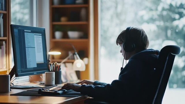 Home workspace. Teenager focused on desktop computer, wearing headphones. Natural light from window with winter scene. Wooden desk, coffee mug. Productive atmosphere.	