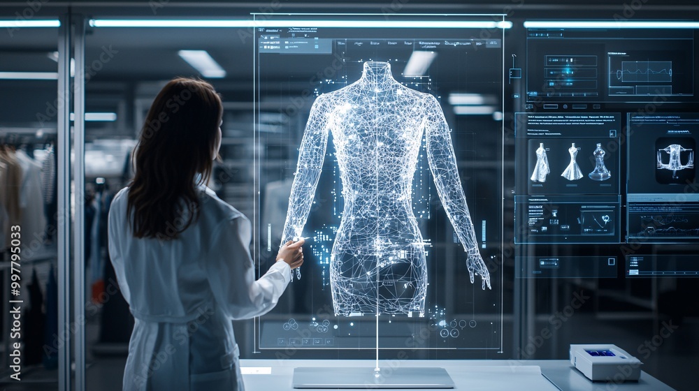 Poster a fashion designer using ai to visualize patterns and fabric textures on a digital mannequin, ai fas