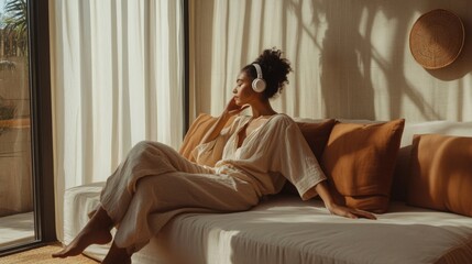 Obraz premium A young woman sits comfortably on a sofa adorned with pillows, enjoying a moment of relaxation while listening to music through headphones