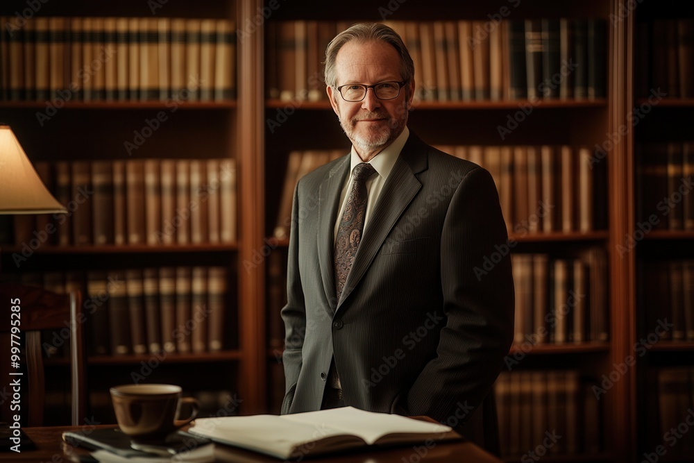 Poster a professor in a suit stands confidently by a bookshelf, showcasing his scholarly background and ded