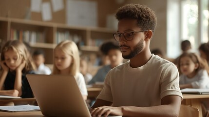 Fototapeta premium Group of students studying and collaborating together in a modern university classroom environment using laptops and other learning materials