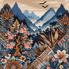 creative batik and songket art landscape with trees