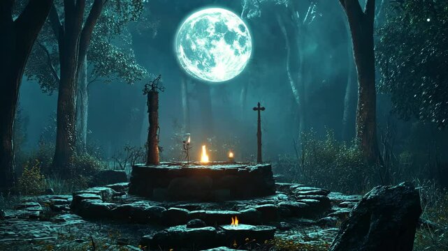 A fire burns brightly at a stone altar in a dark forest under a full moon
