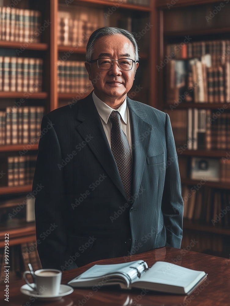 Leinwandbilder the professor, dressed in a tailored suit, stands proudly beside a table with an open notebook and a