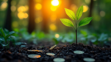 small tree sprouts from a pile of coins, symbolizing sustainability, financial growth, and environmental consciousness. The image highlights the connection between nature and economic prosperity