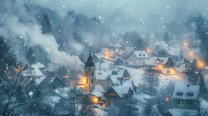 Fototapeta premium Cozy Winter Village Under Falling Snow