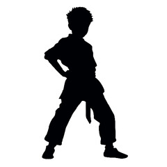 Karate Boy in Fighting Stance Silhouette – Vector Illustration Isolated on White Background