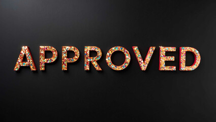 approved word lettering made of colorful glitter shining effect on plain black background