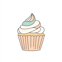 artwork features a minimalist line drawing of a vegan cupcake with swirls of pastel frosting on top, set against a clean white background