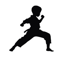 Karate Kid Silhouette Performing Kicks – Vector Illustration Isolated on White