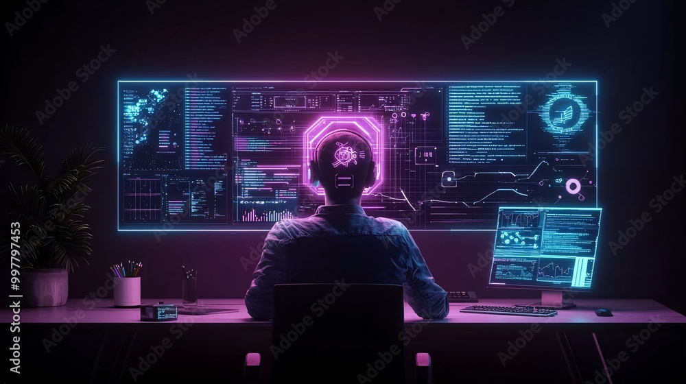 Poster a futuristic workspace with an ai-powered design assistant helping a graphic designer create digital
