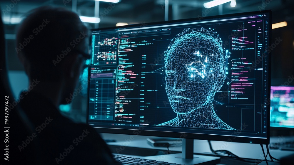 Poster a futuristic workspace with an ai-powered design assistant helping a graphic designer create digital