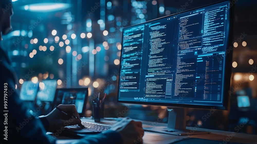 Poster a futuristic workspace with an ai-powered design assistant helping a graphic designer create digital