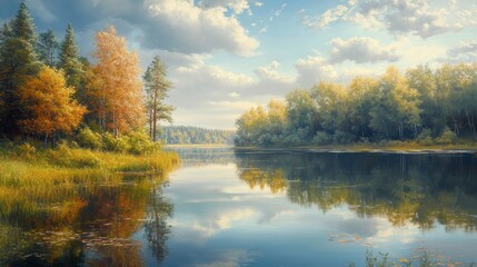 Fototapeta premium Serene Autumn Landscape with Reflections on Water