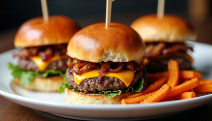 Gourmet Mini Burgers with Sweet Potato Fries – Close-Up Food Photography, Freshly Cooked Meal, Delicious Sandwich Platter, Premium Stock Image for Food Industry, Restaurant Menu Design, High-Quality