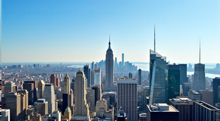 Aerial view of a vibrant city skyline with high-rise buildings and clear skies by the waterfront during the day