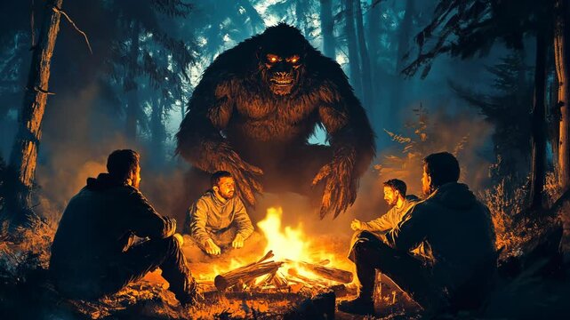 Four people are sitting around a campfire in a dark forest, unaware of the creature standing behind them