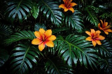 A group of orange flowers are growing in a lush green jungle