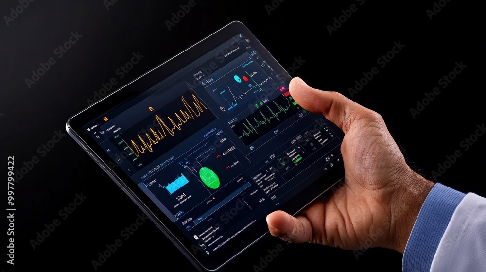 Poster data analysis on tablet: a doctor's hand holds a tablet displaying complex medical data charts and g