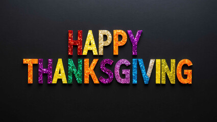 happy thanksgiving word lettering made of colorful glitter shining effect on plain black background