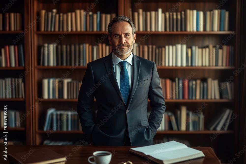 Poster a distinguished professor in a suit stands confidently in front of a bookshelf filled with books, ex