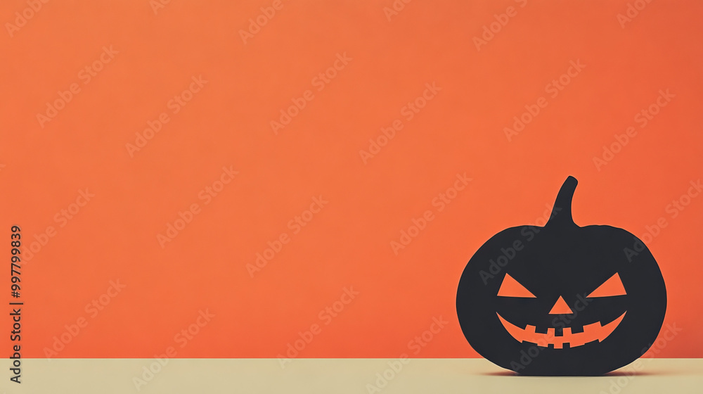 Wall mural black jack-o'-lantern silhouette on orange background.