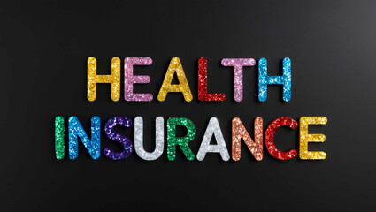 health insurance word lettering made of colorful glitter shining effect on plain black background