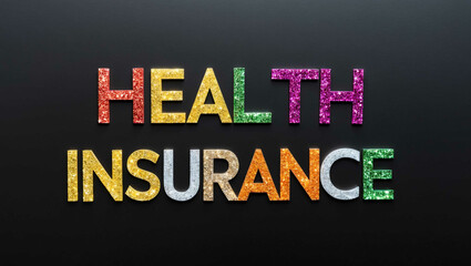 health insurance word lettering made of colorful glitter shining effect on plain black background