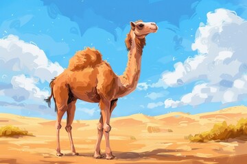 A camel is standing in a desert with a cloudy sky in the background