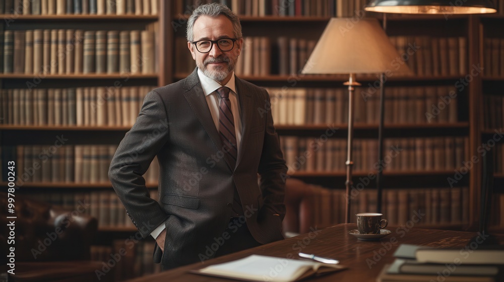 Poster a distinguished professor exudes confidence while standing in front of a vast bookshelf filled with 