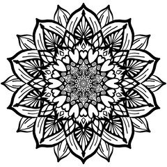 A detailed black and white mandala design featuring intricate floral patterns and symmetrical shapes.