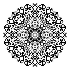 A detailed black-and-white mandala design featuring intricate patterns and symmetrical shapes radiating from the center.