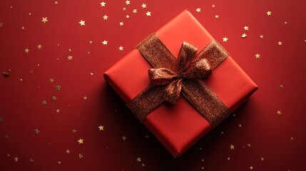 Fototapeta premium A red gift box with a golden bow on a red background scattered with golden star-shaped confetti, conveying a festive or holiday atmosphere.