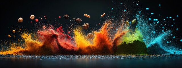 A stunning explosion of vibrant colored powders and spices creates a dynamic and artistic backdrop, perfect for culinary and creative projects.