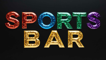 sports bar word lettering made of colorful glitter shining effect on plain black background